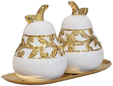 2 Keramik Birne Dekorationen Mit Metallisch Goldenem Teller D: 239,5x14cm K: 819-01508