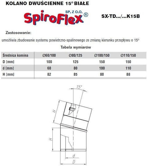 Spiroflex Alkotest 60/100 Двойна Стена Бял Ъглов 15° Rsk.sx-td60/100k15b