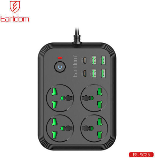 Earldom Power Strip Sc25 Eu 4 Sockets 4 USB-A 2 USB-C Cable 2m