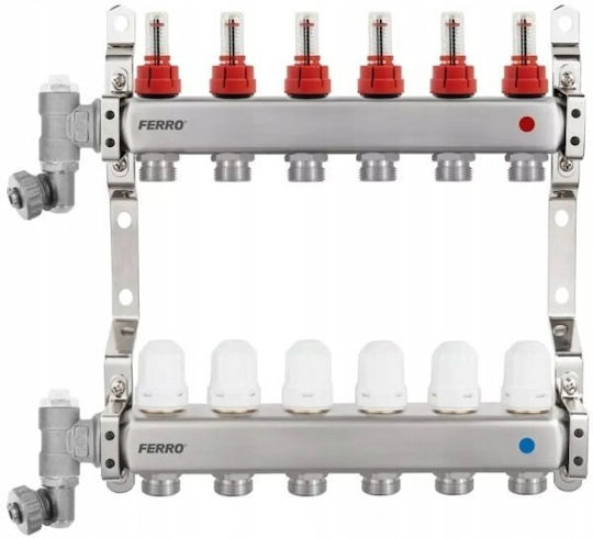 Ferro Distribuitor din oțel inoxidabil 1 cu 6 căi Vane termostatice F-comfort Debitmetre Aerisitor manual Supapă de golire Încălzire Apă caldă