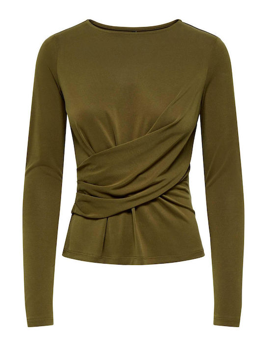 Damen Bluse Langärmelig Drapierung Khaki