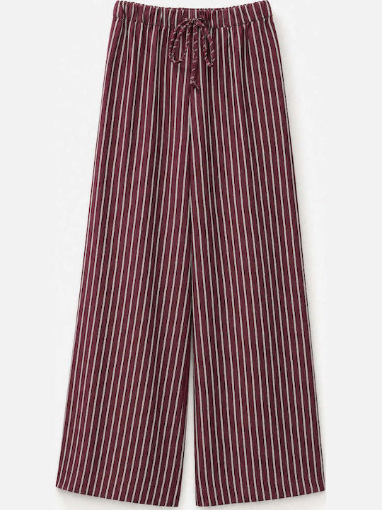 Women's Fabric Trousers with Rubber Band Striped Burgundy