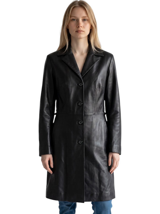 Leather Women's Black Coat with Buttons