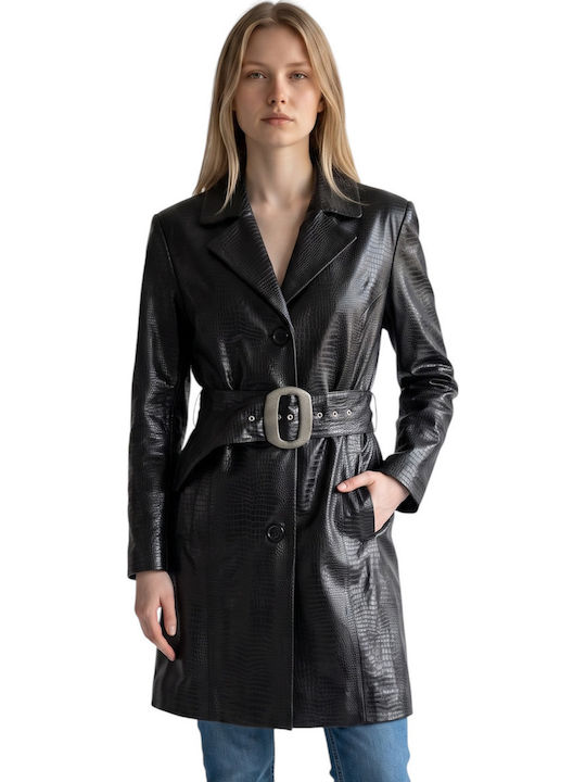 Leder Damenmäntel Schwarz mit Knöpfen