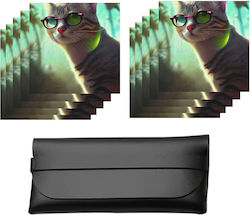 Set 10 Microfiber Cloths Glasses Black Glasses Case Stylish Cat Print Glasses Cleaning Cloths Phone Laptop Tablet Screens Practical Accessory Original Gift Pristyle 15x15cm