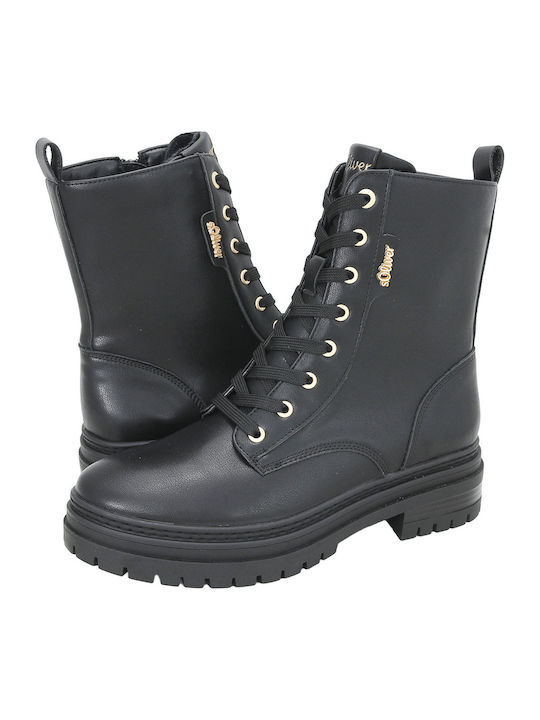 Leather Women's Combat Boots with Medium Heel Black
