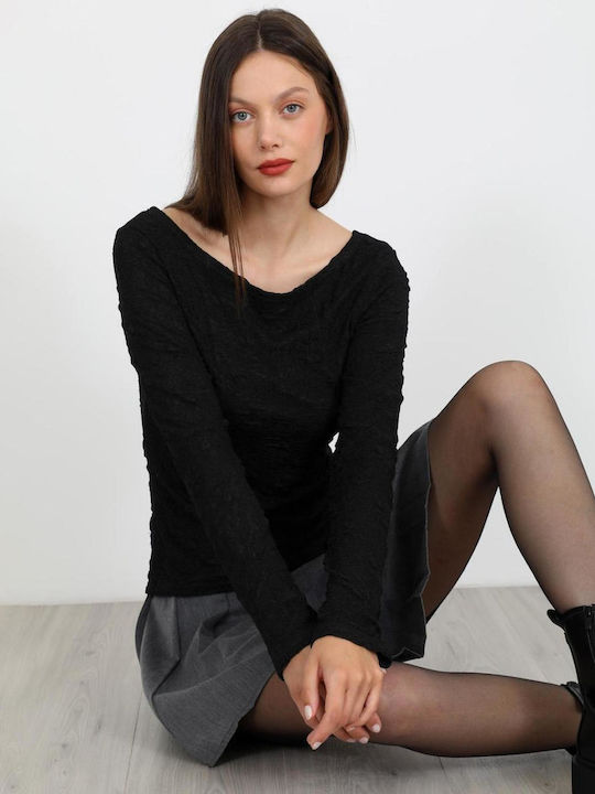 Damen Bluse mit Ausschnitt Lächeln Schwarze