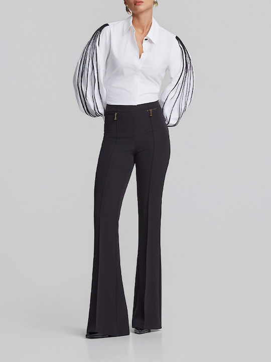Women's High Rise Fabric Flared Trousers in Regular Fit Black