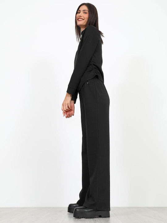 Women's Fabric Trousers with Elastic in Straight Line Black