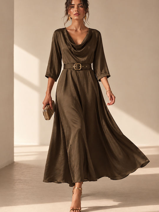 Summer Evening Shirt Dress Satin Drape Brown Cigar