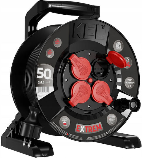 Plastrol Extension Cord Reel 4-Socket with 50m Cable 3 x 1.5mm² Cross Section and Grounding Waterproof