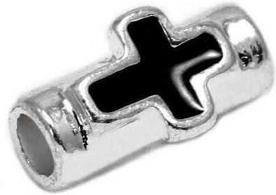 Cast Black Tube Silver Enamel Cross 13.5mm 5pcs