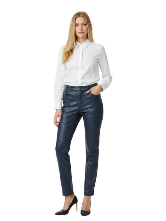 Women's Leather Trousers in Straight Leg Style Blue