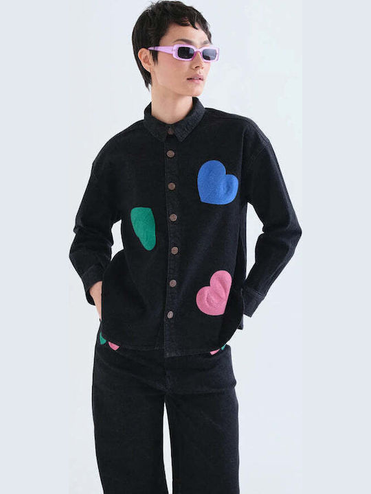 Long Sleeve Women's Denim Half Button Shirt Black