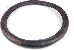 Slip-on Steering Wheel Cover Eco Leather Black Smooth Red Stitching 38cm