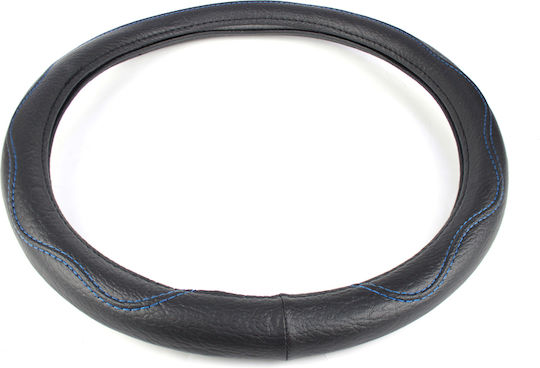 Slip-on Steering Wheel Cover Eco Leather Black Smooth Blue Stitching 38cm