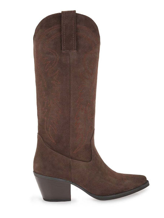 Wildleder Damenstiefel Cowboy mit Mittelhohem Absatz Braun