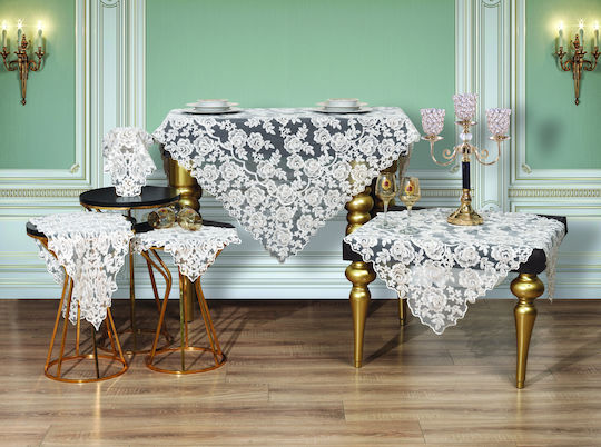 Liolios Home Checkered Linen Tablecloth with Embroidery Set 5 Pieces Cream