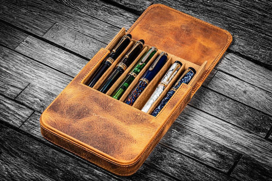 Galen Leather Magnum Opus 6 Slots Hard Pen Case Removable Pen Tray Crazy Horse Brown 8682431663171