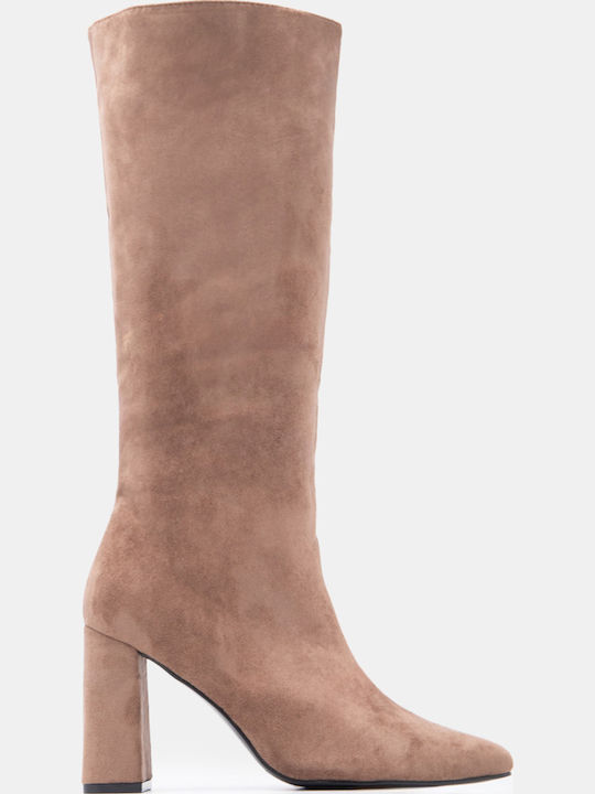 Suede Women's Boots with High Heel Beige