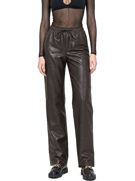 MY T Damen Hochgeschnittenes Lederhose mit Gummiband Braun