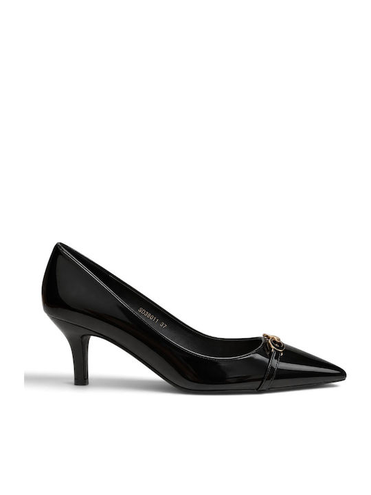 Spitze Zehen Pumps aus Lackleder mit Dünnem Mittlerem Absatz Schwarz