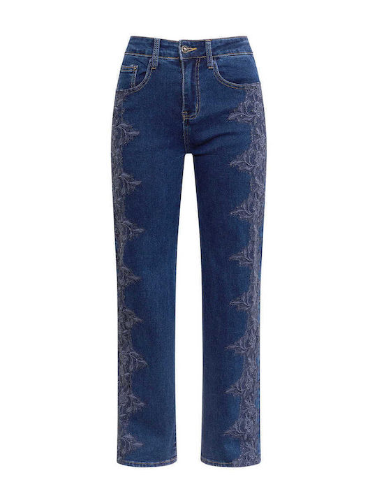 Celestino Γυναικείο Τζιν Wide Leg Κέντημα Στο Πλάι Loose Fit Σκούρο Μπλε