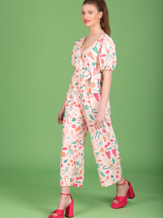Damen Jumpsuit Weiß Rosa 123-21337-Weiß Rosa (002)
