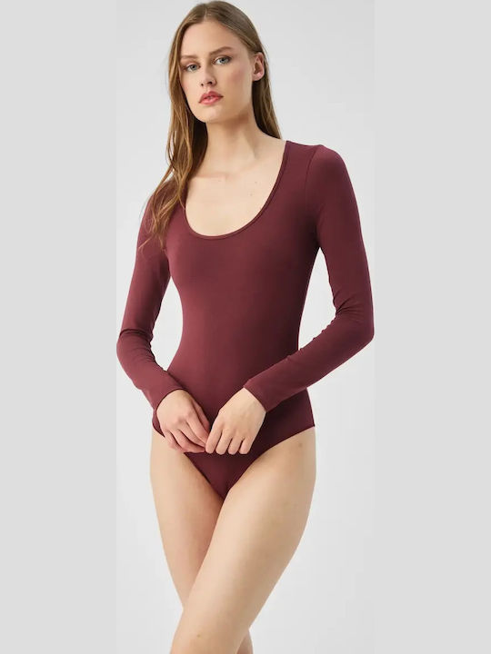 Minerva Damen-Bodysuit in Bordeaux mit Langarm ...