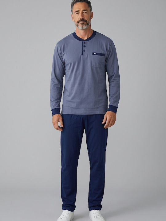 Ανδρική Πιτζάμα Collection Henley Φούτερ 65% Βαμβάκι Ελληνικής Κατασκευής Μπλέ Cl2725-61-μπλε