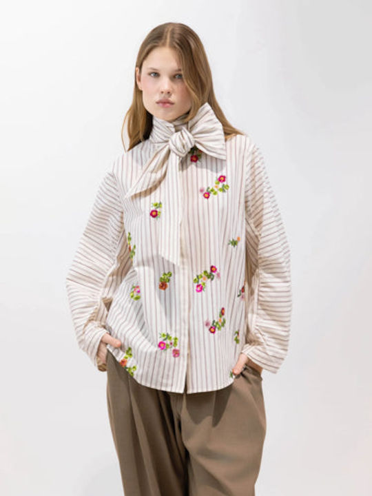 Long Sleeve Women's Shirt Beige Striped