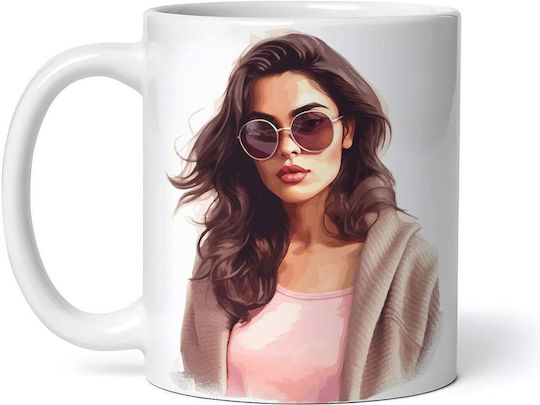 Cana Elsa Face In Pink Ceramică Albă 330ml