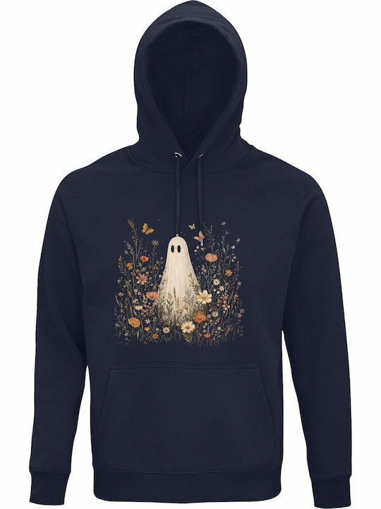 Hoodie Organic Unisex " Wildflower Ghost Boho Floral Halloween Vintage Spooky Season Ghost Fall Flowers " French Navy