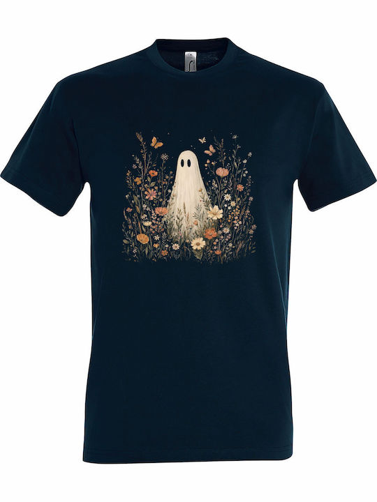 Тениска Унисекс Wildflower Ghost Boho Floral Halloween Vintage Spooky Season Ghost Fall Flowers Петролен Син