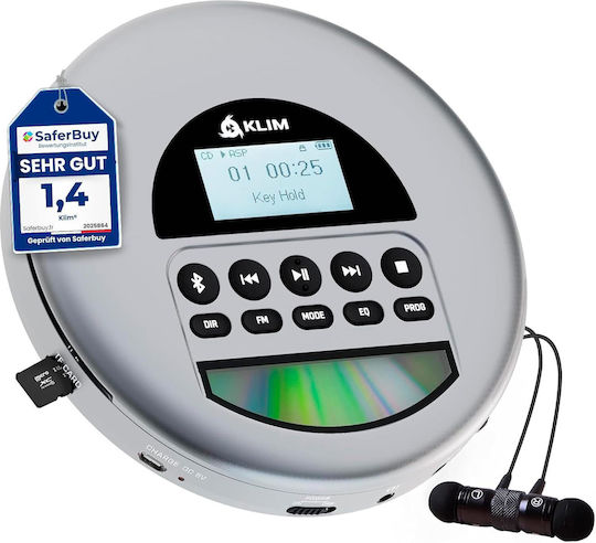 Player CD Portabil Bluetooth Radio FM Cititor Card TF Protecție Anti-șoc Dublu Mufă Jack Baterie Reîncărcabilă Cablu Aux Klim Fusion Căști Incluse Conexiune Sistem Audio Auto