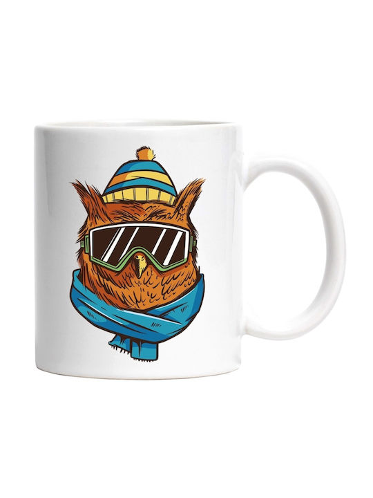 Cană Ceramica Albă 330ml Pentru Iubitorii De Sporturi De Iarnă Ski Bufniță Fular Cu Personalizare