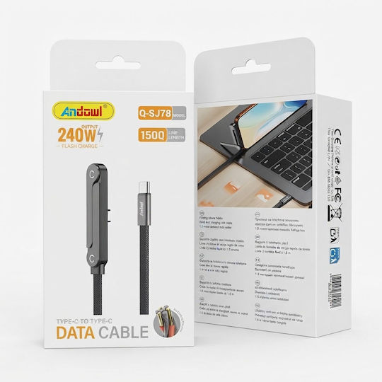 Andowl Плетен кабел USB-C мъжки - USB-C 240W Черен 1.5m Q-SJ78