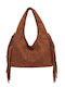 Set Women’s Hobo Bag in Suede with Camel Fringes