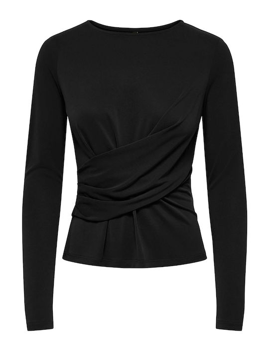 Only Damen Bluse Langärmelig Drapierung Schwarz