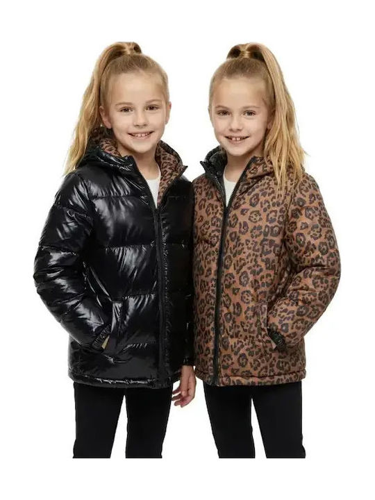 Kids Quilted Short Double Sided Hooded Jacket Black Leopard