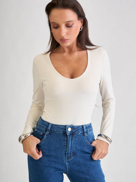 Damen-Bodysuit Mit Tiefem Ausschnitt Beige
