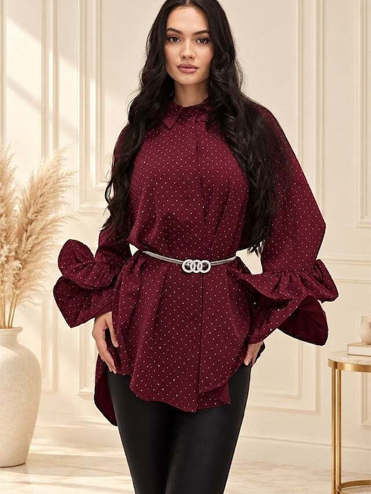 Дълъг Ръкав Дамска Кожена Риза Burgundy