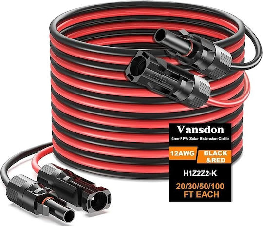 Set de Cabluri Solare de Extensie Typec pentru Panouri Fotovoltaice 2x9.2 M 30 Ft 12 Awg 4 Mm² Conectori Impermeabili Mc4 Masculini Feminin Roșu Negru