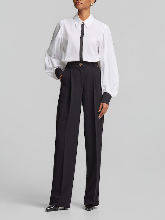Women's High Rise Crepe Trousers in Loose Fit Black
