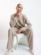 Women's Beige Set with Trousers in Loose Fit Striped