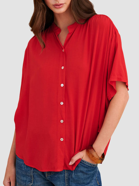 attrattivo Short Sleeve Women's Shirt Red Solid
