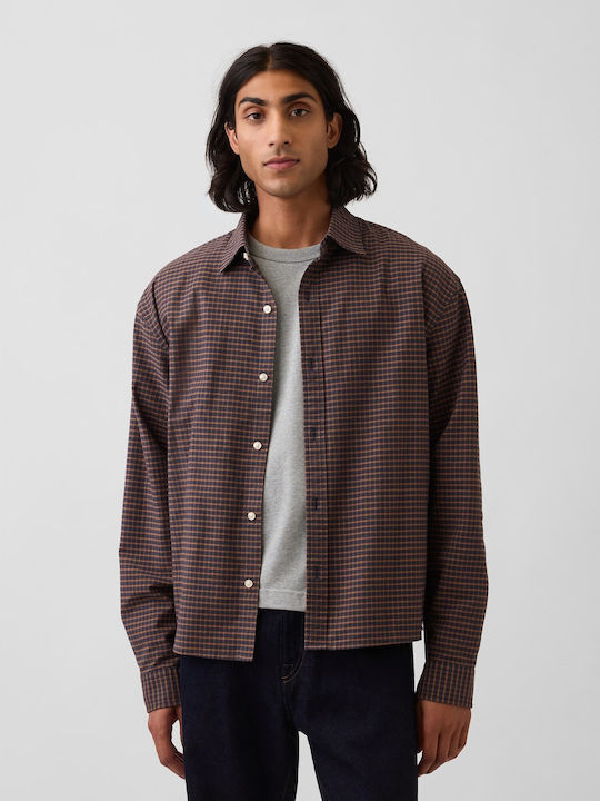 Long Sleeve Checked Brown & Navy Blue Plaid