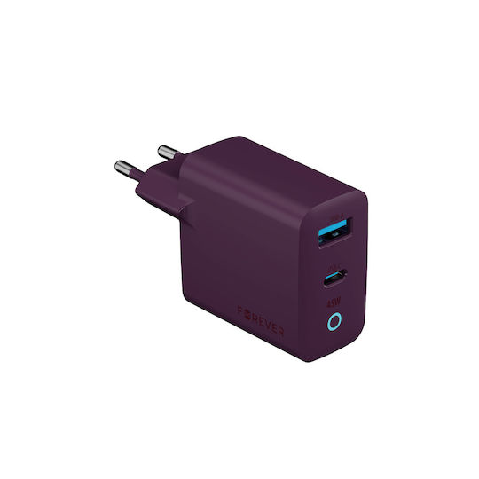Forever GaN Charger Without Cable with USB-A Port and USB-C Port 45W Power Delivery Purple (Vibe-TC45AC)