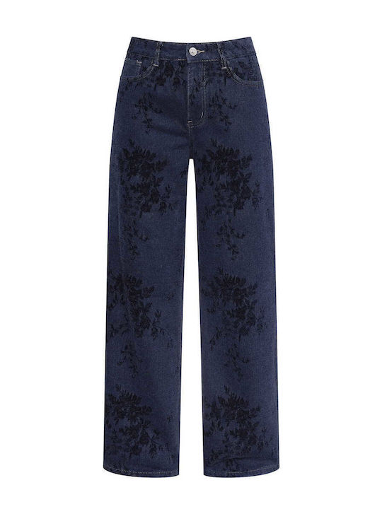 Celestino Women's Wide-Leg Jeans with Textured Details Loose Fit Dark Blue