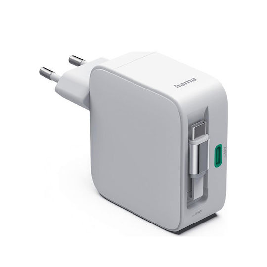 HAMA Зарядно Устройство GaN с 2 USB-C Изходни Порта и USB-C Кабел 65W Бял (00200025)